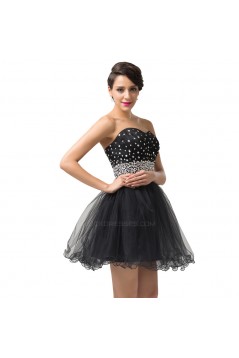 A-Line Sweetheart Beaded Short Tulle Black Prom Evening Cocktail Dresses ED011666