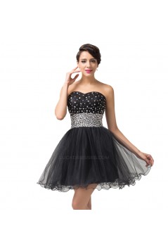 A-Line Sweetheart Beaded Short Tulle Black Prom Evening Cocktail Dresses ED011666