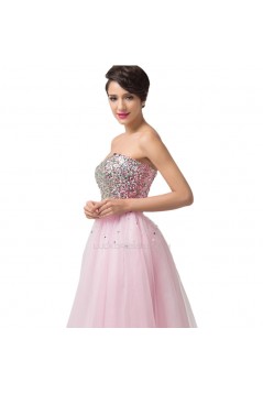 A-Line Sweetheart Beaded Long Pink Tulle Prom Evening Formal Dresses ED011676