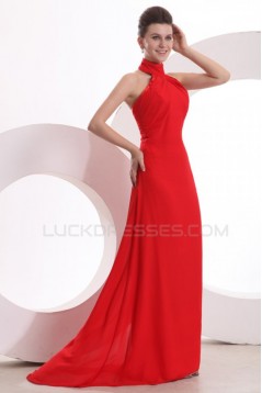 High Neck Halter Long Red Chiffon Prom Evening Formal Party Dresses ED010173