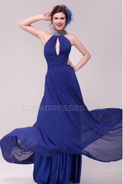 High Neck Halter Beaded Long Blue Chiffon Prom Evening Formal Party Dresses ED010187