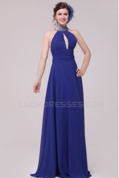 High Neck Halter Beaded Long Blue Chiffon Prom Evening Formal Party Dresses ED010187