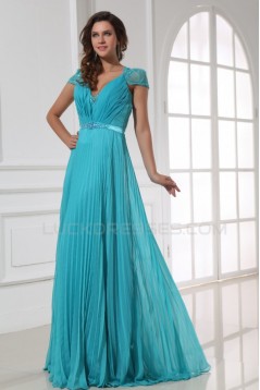 A-Line Cap Sleeve Pleated Long Blue Chiffon and Lace Prom Evening Formal Party Dresses ED010204