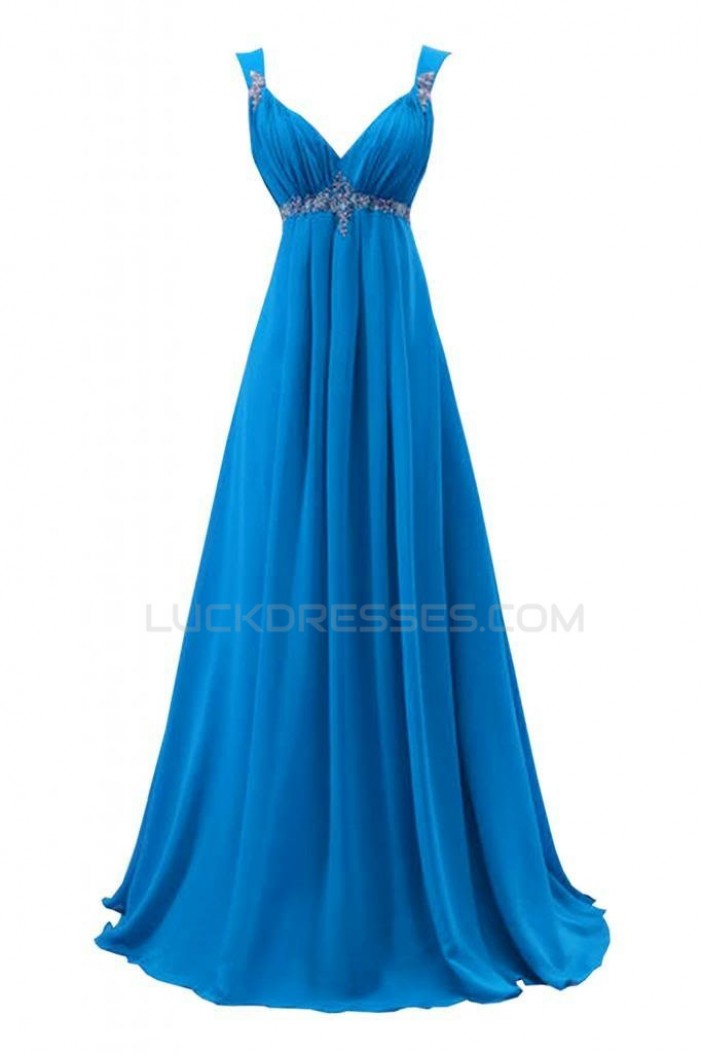 A-Line Beaded Long Blue Chiffon Prom Evening Formal Party Dresses ED010219