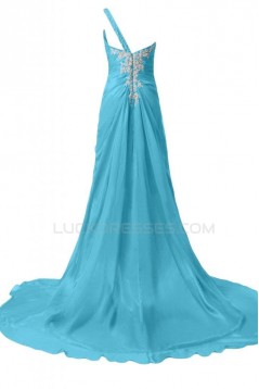 A-Line One-Shoulder Long Blue Chiffon Prom Evening Formal Party Dresses ED010226