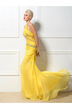 Trumpet/Mermaid One-Shoulder Beaded Long Yellow Chiffon Prom Evening Formal Party Dresses ED010259