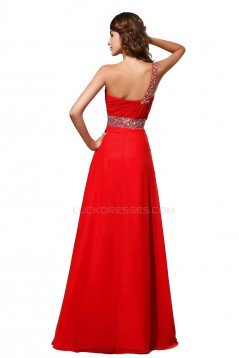 A-Line One-Shoulder Long Red Beaded Chiffon Prom Evening Formal Party Dresses ED010296