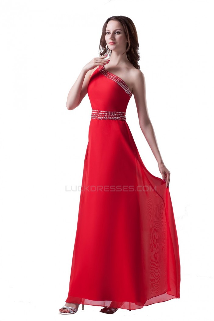 A-Line One-Shoulder Long Red Beaded Chiffon Prom Evening Formal Party Dresses ED010310