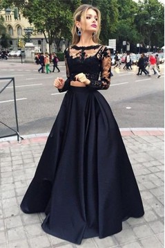 A-Line Two Pieces Long Sleeves Lace Black Prom Evening Formal Party Dresses ED010427