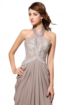 Sheath/Column Halter Beaded Long Chiffon Prom Evening Formal Party Dresses ED010449