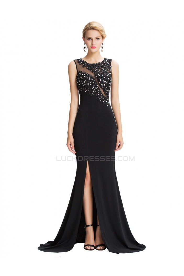 Trumpet/Mermaid Long Black Beaded Applique Prom Evening Formal Party Dresses ED010453