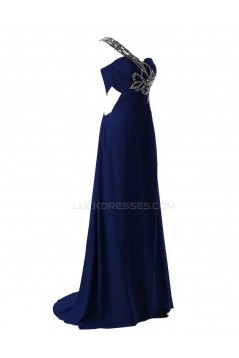 A-Line One-Shoulder Long Blue Beaded Chiffon Prom Evening Formal Party Dresses ED010462