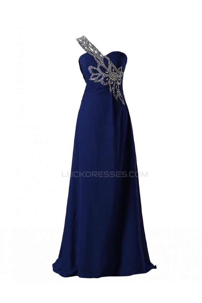 A-Line One-Shoulder Long Blue Beaded Chiffon Prom Evening Formal Party Dresses ED010462