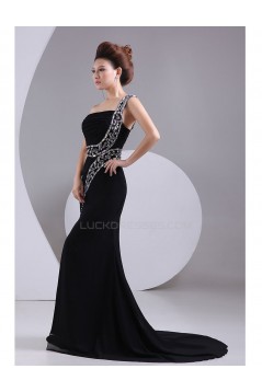 Trumpet/Mermaid One-Shoulder Beaded Long Black Chiffon Prom Evening Formal Party Dresses ED010469