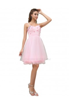 A-Line Spaghetti Strap Beaded Short Pink Prom Evening Formal Party Dresses ED010472