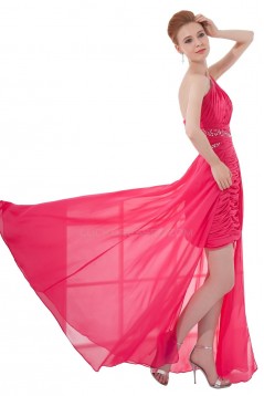 High Low One-Shoulder Long Pink Chiffon Beaded Prom Evening Formal Party Dresses ED010475
