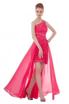 High Low One-Shoulder Long Pink Chiffon Beaded Prom Evening Formal Party Dresses ED010475