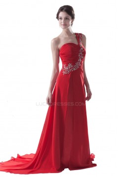 A-Line One-Shoulder Long Red Beaded Chiffon Prom Evening Formal Party Dresses ED010485