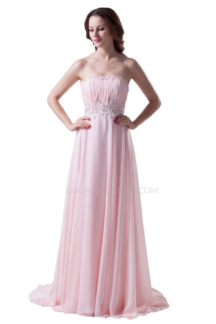 A-Line Strapless Beaded Long Pink Chiffon Prom Evening Formal Party Dresses ED010486
