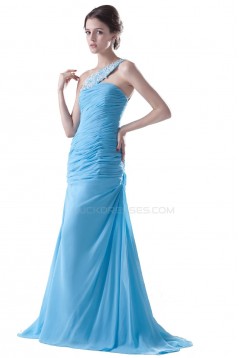 A-Line One-Shoulder Long Blue Pleated Chiffon Prom Evening Formal Party Dresses ED010497