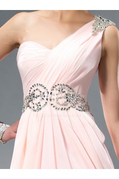 A-Line One-Shoulder Beaded Long Pink Chiffon Prom Evening Formal Party Dresses ED010543