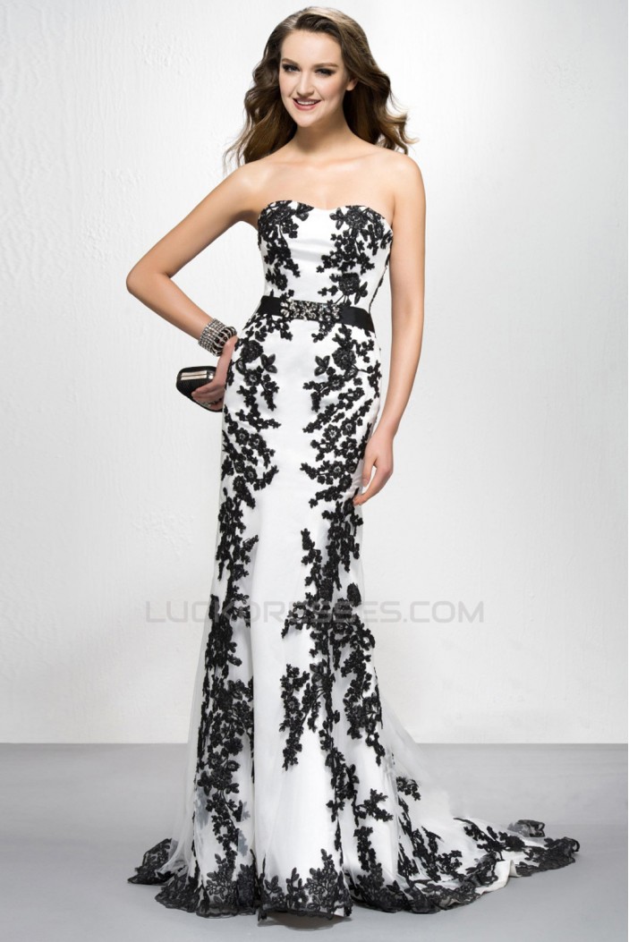 Elegant Black White Appliques Long Prom Evening Formal Party Dresses ED010576