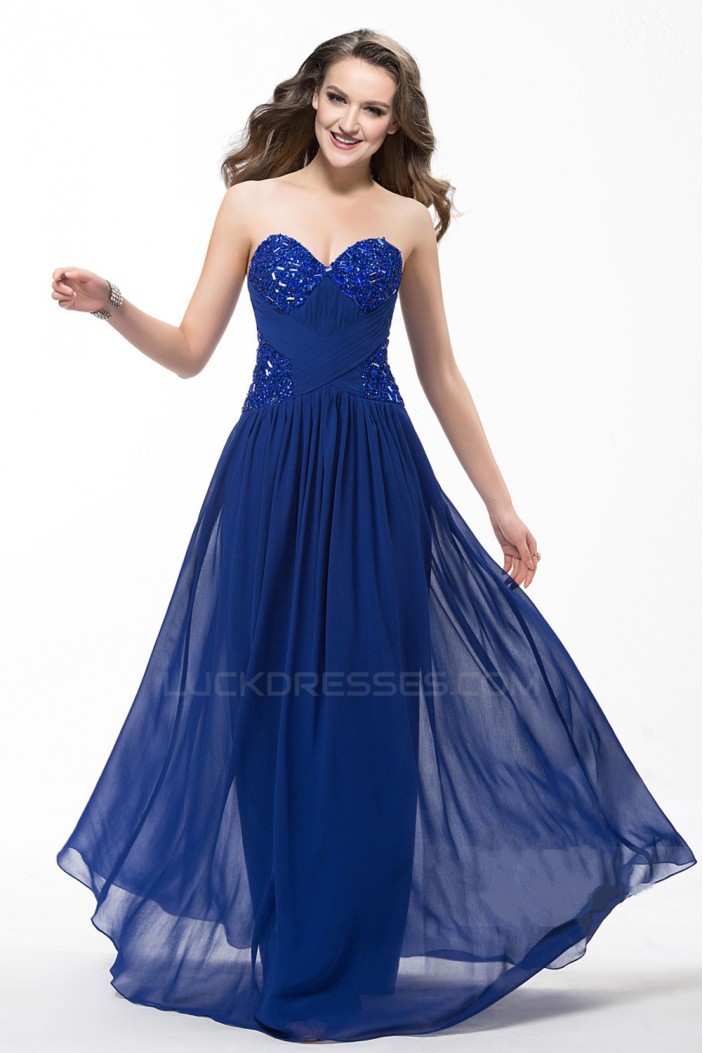 A-Line Sweetheart Beaded Long Blue Chiffon Prom Evening Formal Party Dresses ED010596