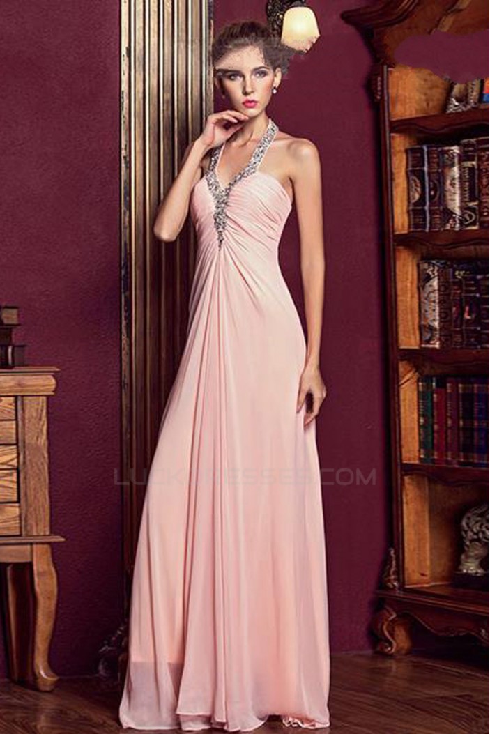 Empire Halter Beaded Long Pink Chiffon Prom Evening Formal Party Dresses ED010612