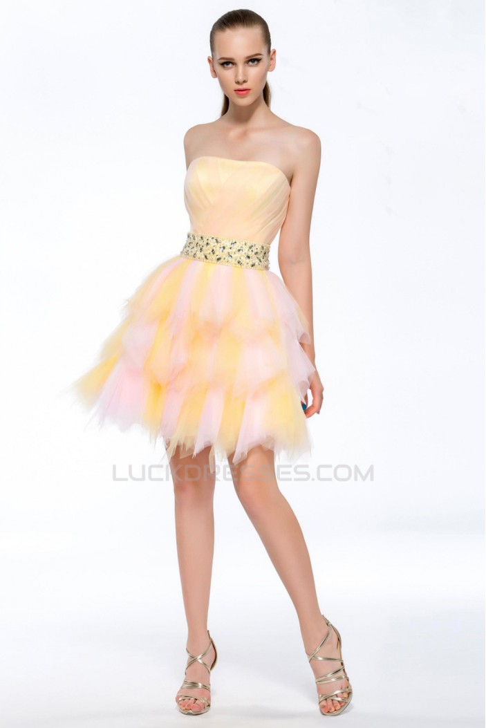 A-Line Strapless Short Yellow Beaded Prom Evening Cocktail Homecoming Party Dresses ED010626