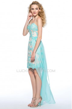 High Low Sweetheart Beaded Lace Applique Blue Prom Evening Cocktail Homecoming Party Dresses ED010629