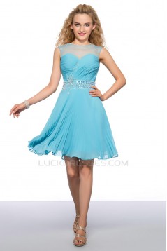 A-Line Short Blue Beaded Chiffon Prom Evening Cocktail Homecoming Party Dresses ED010633