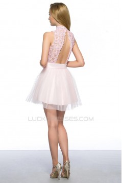 A-Line High-Neck Short Pink Applique Beaded Prom Evening Cocktail Homecoming Party Dresses ED010641