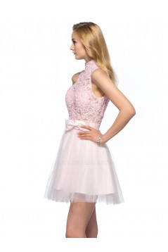 A-Line High-Neck Short Pink Applique Beaded Prom Evening Cocktail Homecoming Party Dresses ED010641