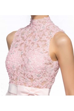 A-Line High-Neck Short Pink Applique Beaded Prom Evening Cocktail Homecoming Party Dresses ED010641