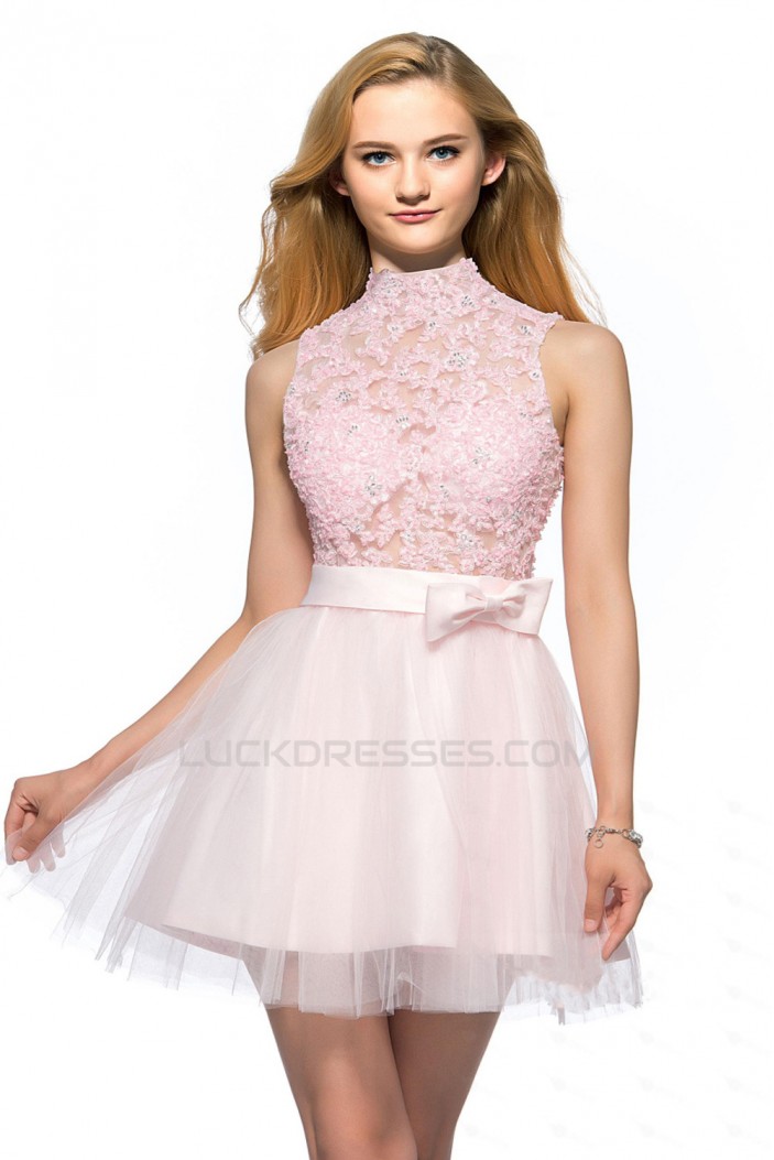 A-Line High-Neck Short Pink Applique Beaded Prom Evening Cocktail Homecoming Party Dresses ED010641