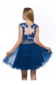 A-Line Short Blue Beaded Prom Evening Cocktail Homecoming Party Dresses ED010643