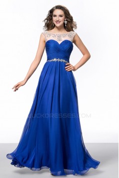 A-Line Bateau Beaded Long Blue Chiffon Prom Evening Formal Party Dresses ED010644