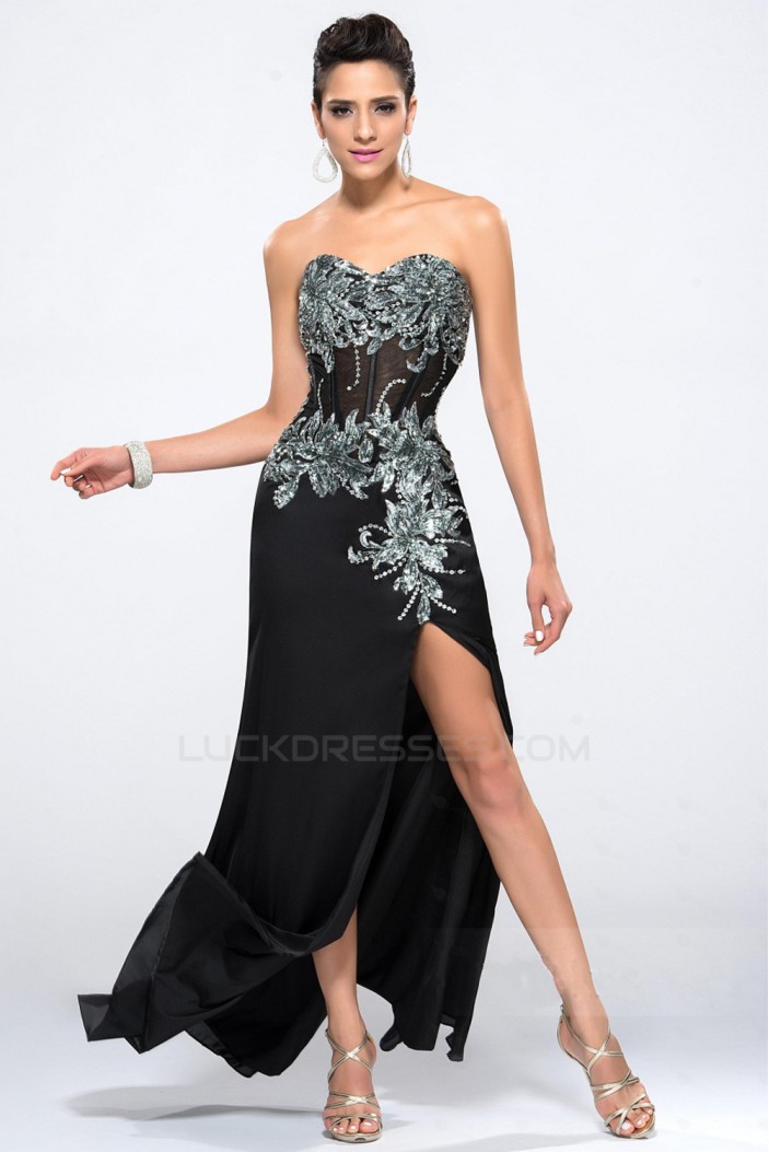 Sheath Sweetheart Split-Front Beaded Black Long Chiffon Prom Evening Formal Party Dresses ED010648