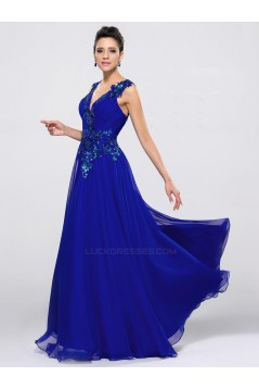 A-Line V-Neck Applique Long Blue Chiffon Prom Evening Formal Party Dresses ED010650