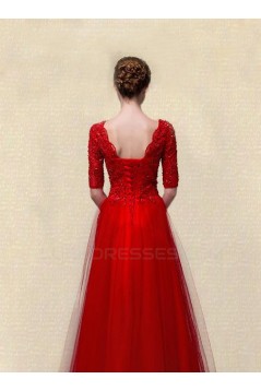 A-Line Half Sleeve V-Neck Beaded Long Red Prom Evening Formal Party Dresses ED010662