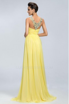 A-Line Straps Sleeveless Beaded Long Yellow Chiffon Prom Evening Formal Party Dresses ED010671