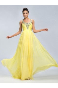A-Line Straps Sleeveless Beaded Long Yellow Chiffon Prom Evening Formal Party Dresses ED010671