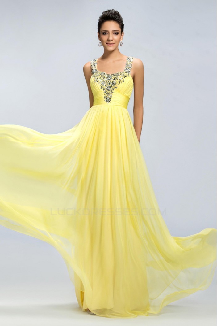 A-Line Straps Sleeveless Beaded Long Yellow Chiffon Prom Evening Formal Party Dresses ED010671