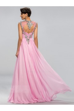 A-Line Beaded Long Pink Chiffon Prom Evening Formal Party Dresses ED010682