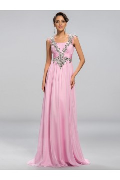 A-Line Beaded Long Pink Chiffon Prom Evening Formal Party Dresses ED010682