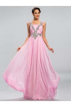 A-Line Beaded Long Pink Chiffon Prom Evening Formal Party Dresses ED010682