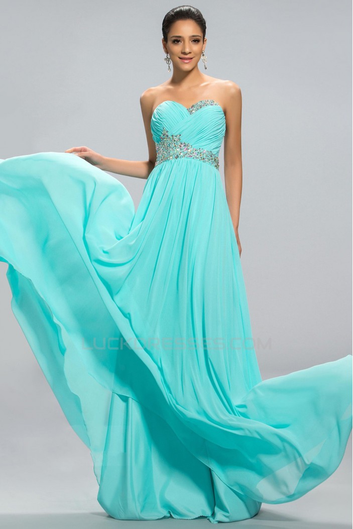 A-Line Sweetheart Beaded Long Blue Chiffon Prom Evening Formal Party Dresses ED010690