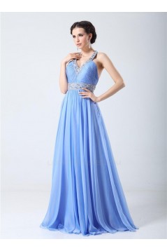 A-Line V-Neck Beaded Long Chiffon Prom Evening Formal Party Dresses ED010704