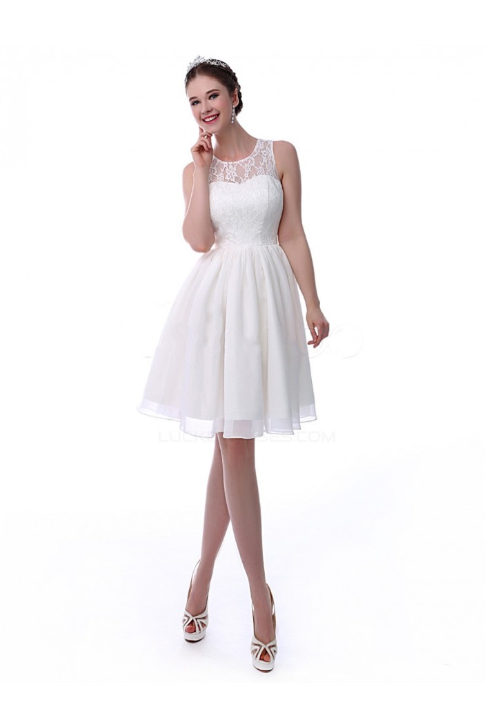 A-Line Short White Lace and Chiffon Prom Evening Formal Party Bridesmaid Dresses ED010717