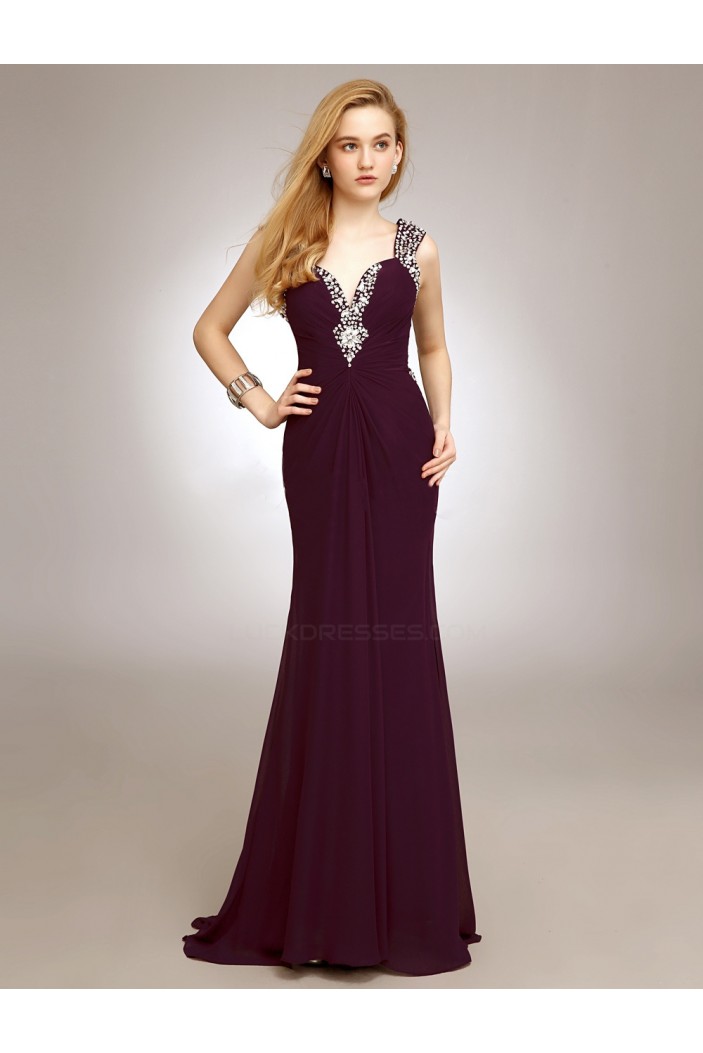 Sheath/Column Straps Beaded Long Chiffon Prom Evening Formal Party Dresses ED010720